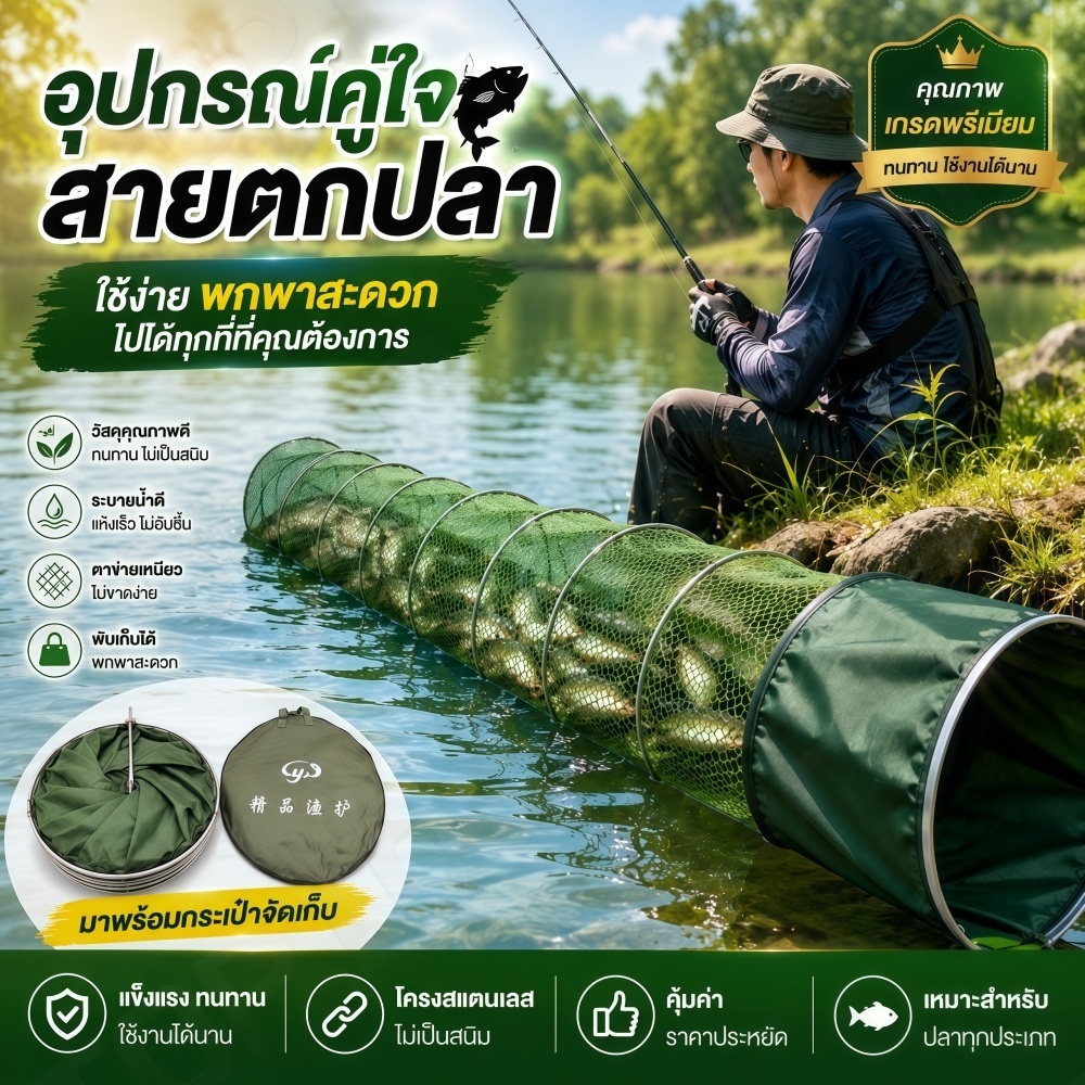 A41-กระชังปลา อวนตกปลา โครงสแตนเลส แข็งแรง พกพาสะดวก ขนาด33cm x 200cm รับน้ำหนักได้เยอะ ความยาว2เมตร พร้อมถุงเก็บ 💦🎣