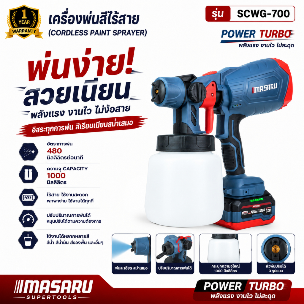 กาพ่นสี ไร้สาย MASARU รุ่น SCWG-700 อุปกรณ์ทาสี สีน้ำ สีน้ำมัน สีทาบ้าน พ่นสี เครื่องพ่นสีไร้สาย