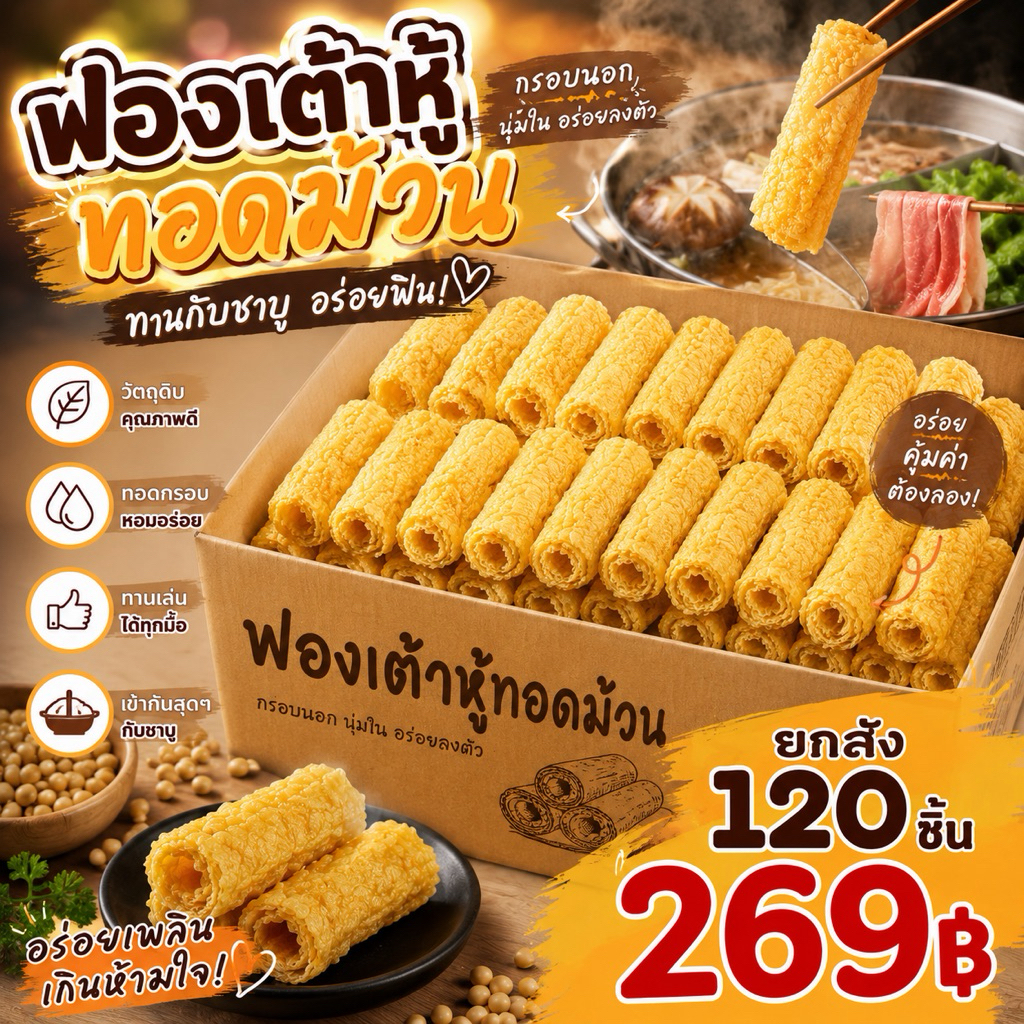 ลดล้างสต๊อก‼️หมดอายุ 22/6/2026 ฟองเต้าหู้ทอดม้วน 120ชิ้น  กดสั่งครั้งละ1ลัง