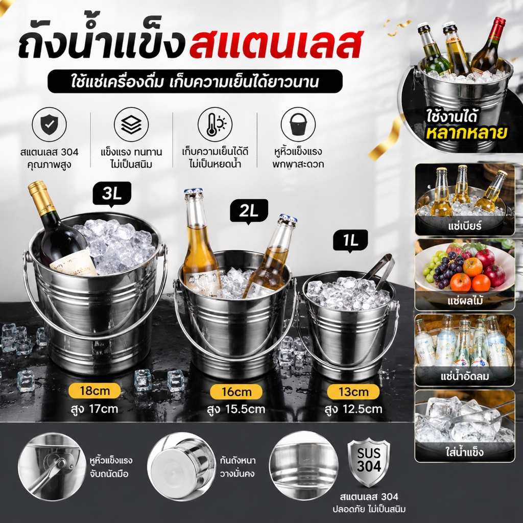 ถังใส่น้ำเเข็ง ถังน้ำแข็งสแตนเลสหนา ถังน้ำแข็งเม็ด ถังแชมเปญ เบียร์เย็น ถังน้ำแข็ง ถังอเนกประสงค์