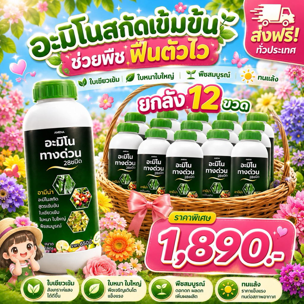 อะมิโนสกัดเข้มข้น 28ชนิด โตเร็ว  ใบเขียวเข้ม อามีน่า (ยกลัง12ขวด) ขวดละ1ลิตร
