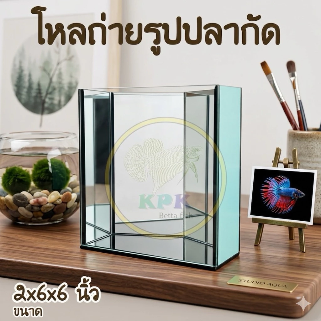KPK โหลถ่ายรูปปลากัด กระจกเงาสะท้อน 5 เหลี่ยม (กาวใส ก2xย6xส6 นิ้ว)