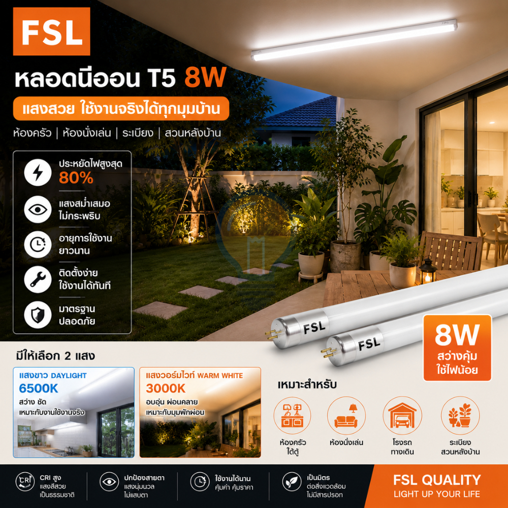 FSL หลอดไฟนีออน LED T5 8W หลอดยาว 56 cm. แสงสว่างสูง ประหยัดไฟ ใช้งานนาน