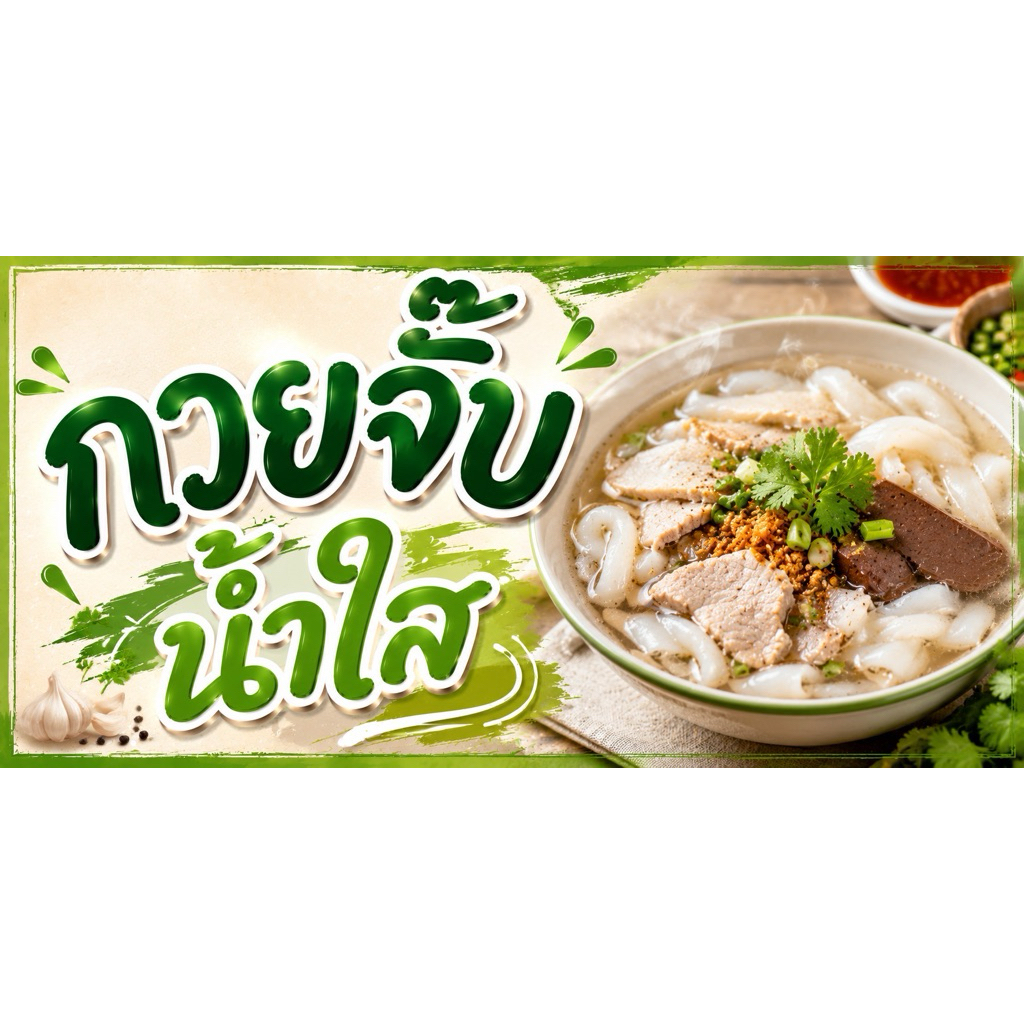 ป้ายไวนิล “กวยจั๊บน้ำใส”ขนาด 120*60เซนติเมตร (ขนาดอื่นแจ้งได้นะคะ)