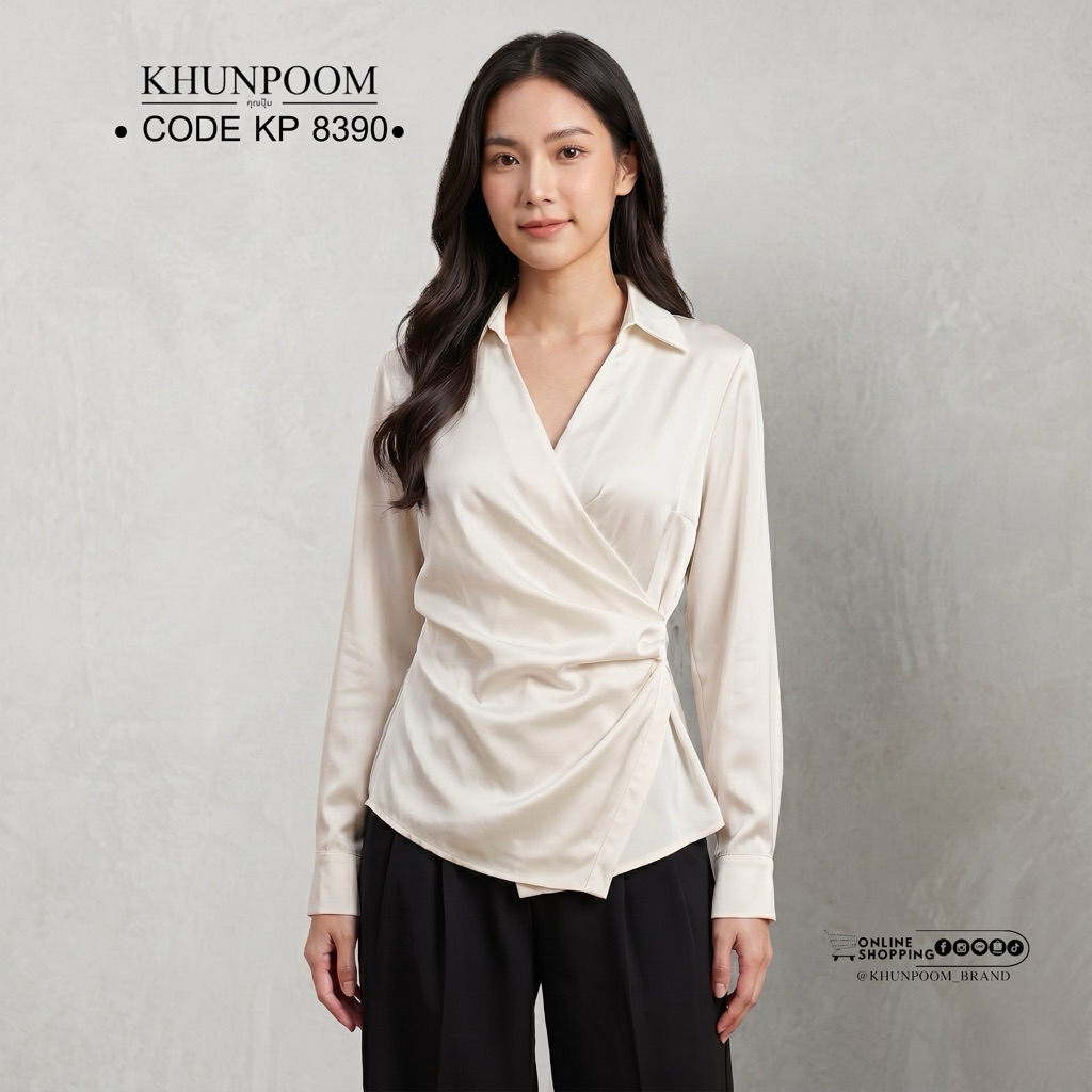 🆕[New Arrival] KHUNPOOM CODE KP 8390 ผ้าซาตินเนื้อนุ่ม มีความเงาเบาๆ เล่นแสงสวยมาก ดีไซน์ป้ายข้างผูกเอว