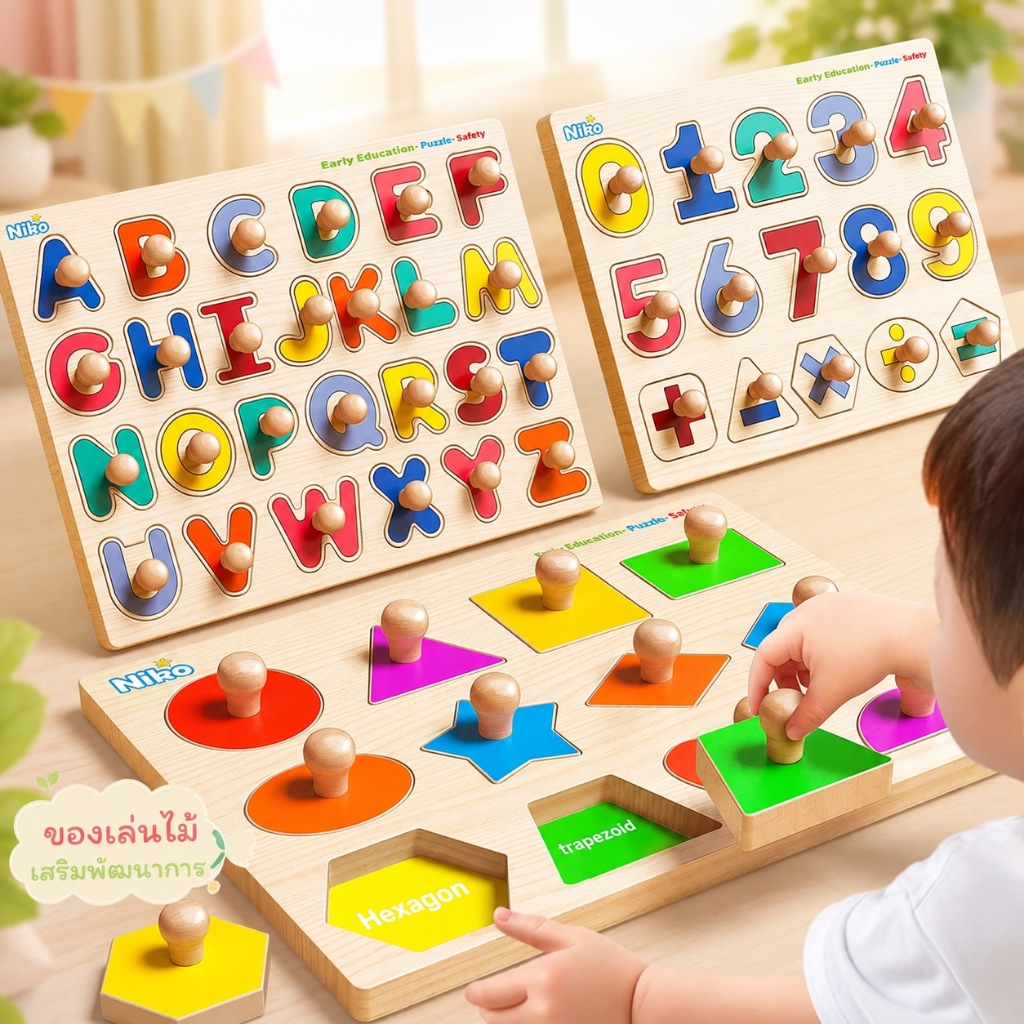 KiKi จิ๊กซอว์ไม้เด็ก 3 แบบ ABC ตัวเลข สัตว์ ของเล่นเสริมพัฒนาการ Montessori ฝึกสมาธิ สำหรับเด็ก 3 ปีขึ้นไป