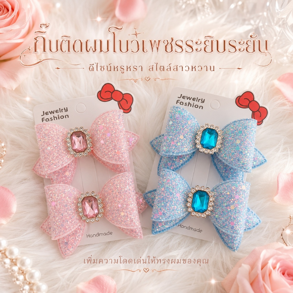 กิ๊บติดผมเด็ก 2ชิ้น โบว์กากเพชรวิบวับ ประดับคริสตัล สีชมพูฟ้า สไตล์เจ้าหญิง น่ารัก คลิปปากเป็ด ติดแน่น ไม่ดึงผม