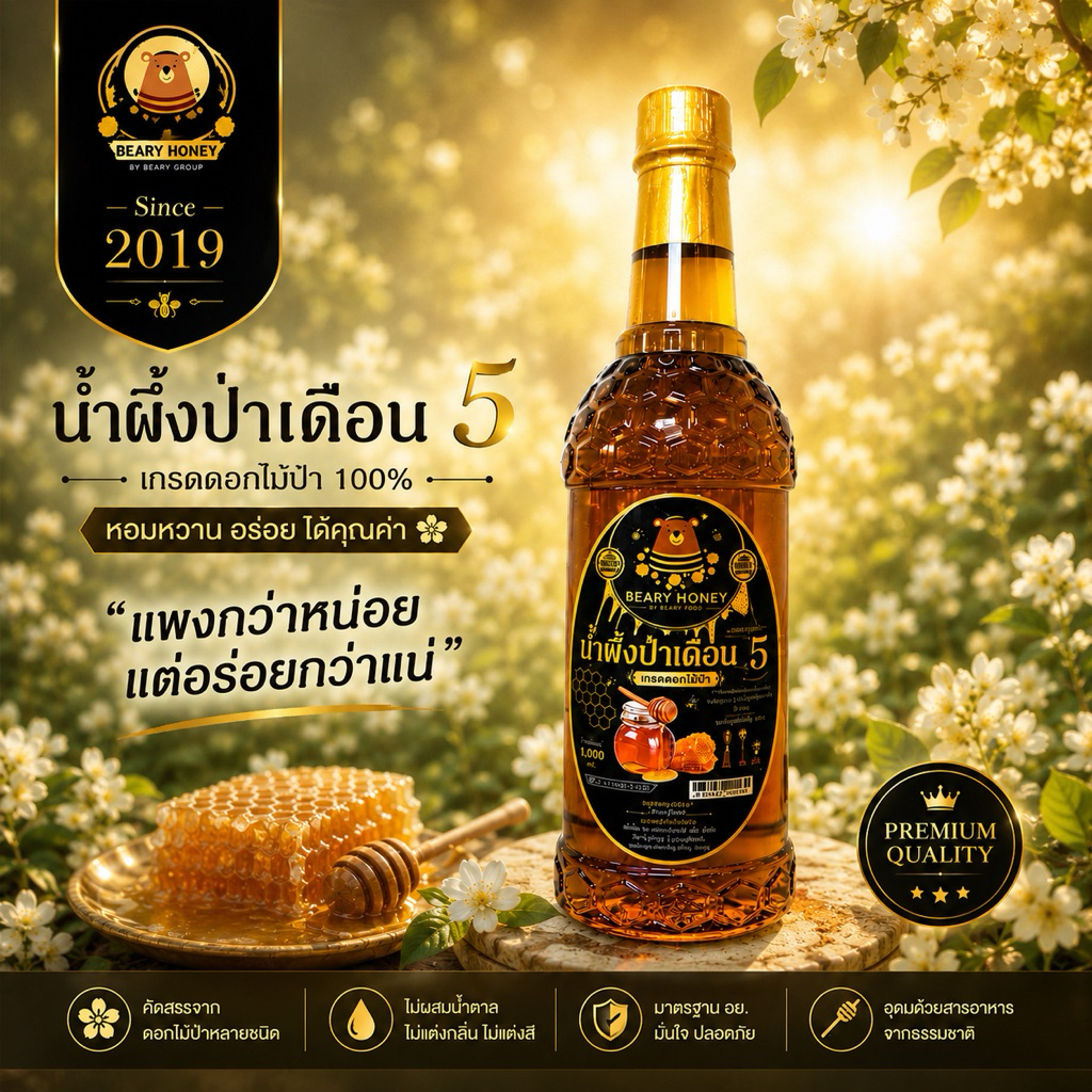 น้ำผึ้งดอกไม้แท้100% เดือน5 การันตีคุณภาพ มี อย. ใบเซอร์รับรอง น้ำผึ้งแท้คุณภาพดีราคาถูก หอม หวาน สดจาดธรมมชาติ