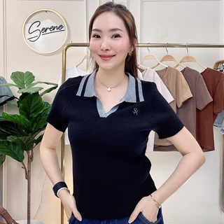 Serene's Choice เสื้อไหมพรม คอปก ริ้ว ทูโทน เข้ารูป ปักโลโก้ Serene เสื้อถักนิตติ้ง คอโปโล สไตล์เกาหลี น่ารักมาก