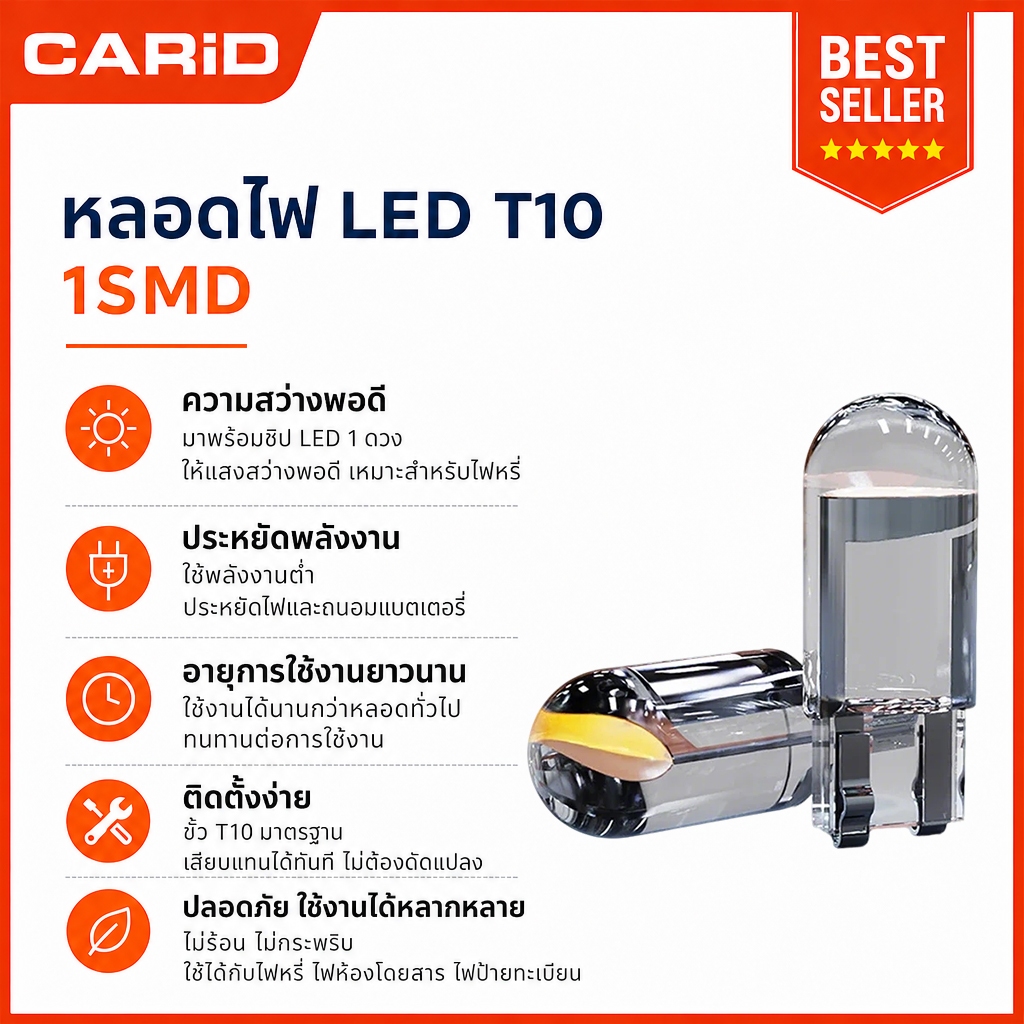 CARiD หลอดไฟหรี่ ขั้วT10 หลอดไฟติดป้ายทะเบียนรถยนต์ T10 โปร่งใส W5W Cob 194 168 Led