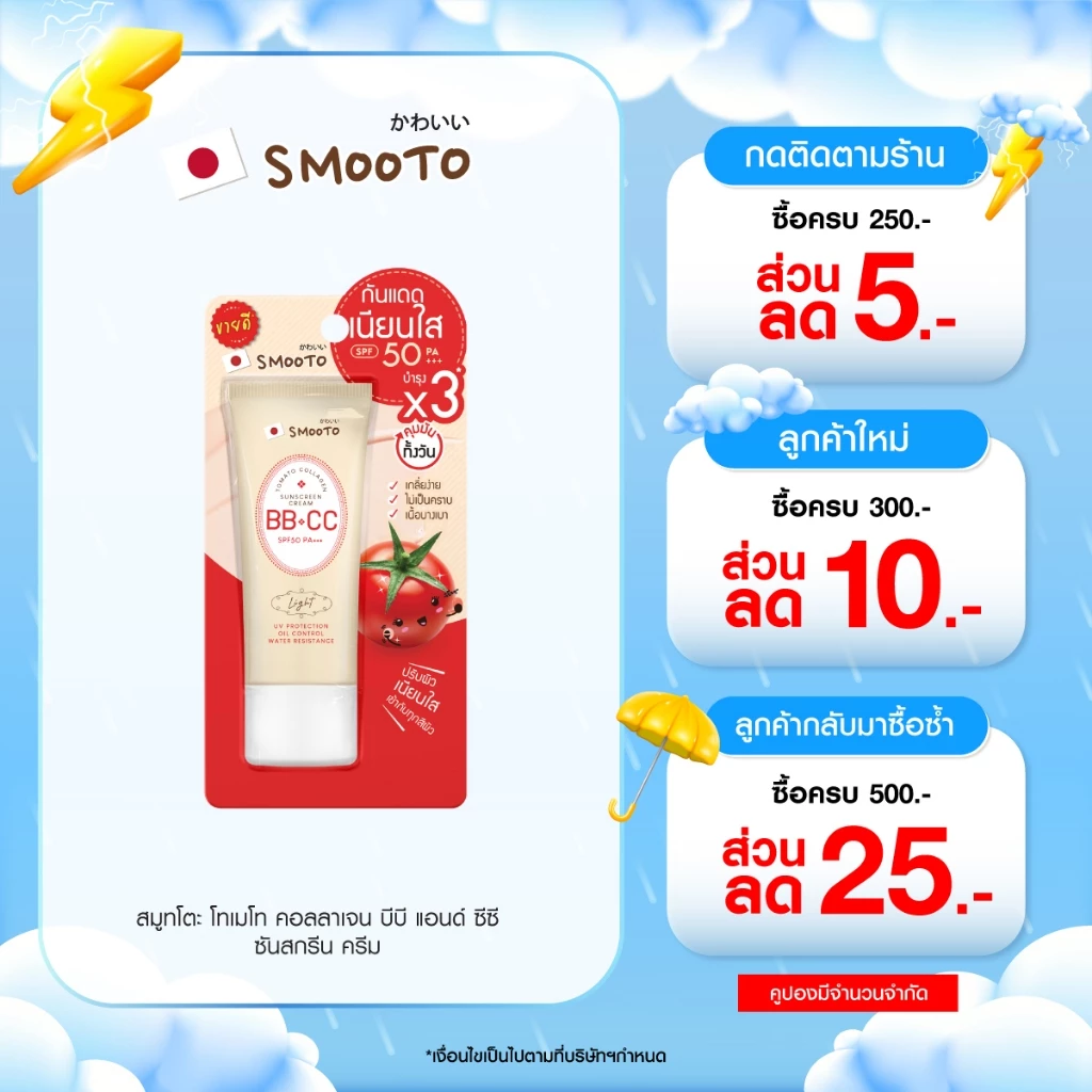 (ลดแรง) SMOOTO Official กันแดดดูแลผิวหน้า SPF50 PA+++ (หลอด)