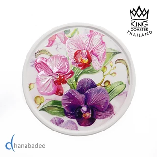 จานรองแก้วดูดน้ำ ทรงกลมมีขอบ ลาย FLOWER ที่รองแก้วซับน้ำ King Coaster ธนบดีเซรามิคลำปาง ceramic coaster ของฝาก