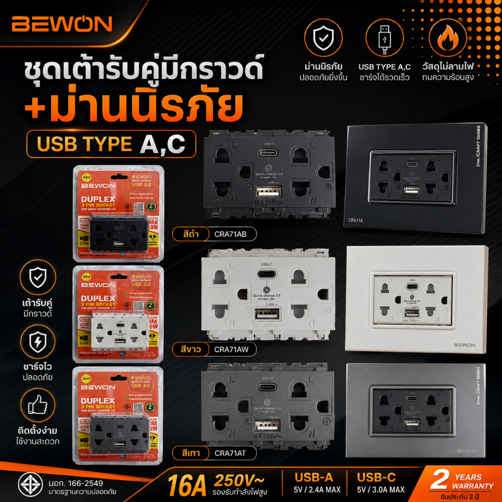 BEWON ชุดเต้ารับคู่มีกราวด์+ม่านนิรภัย+USB Type A,C มี 3 สีให้เลือก