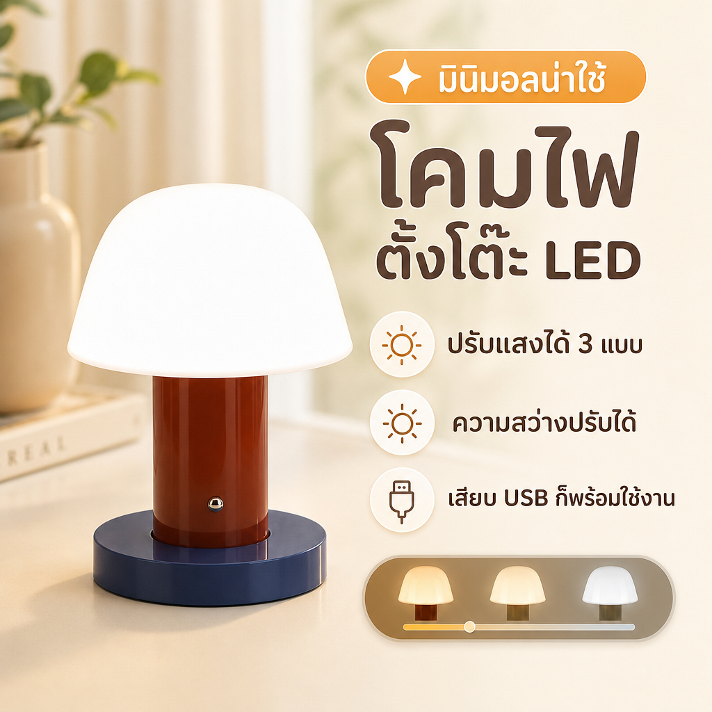 🎨 โคมไฟตั้งโต๊ะ LED 🎨 ชาร์จ USB ปรับแสง 3 สี 3 ระดับ ดีไซน์มินิมอล สำหรับห้องนอน