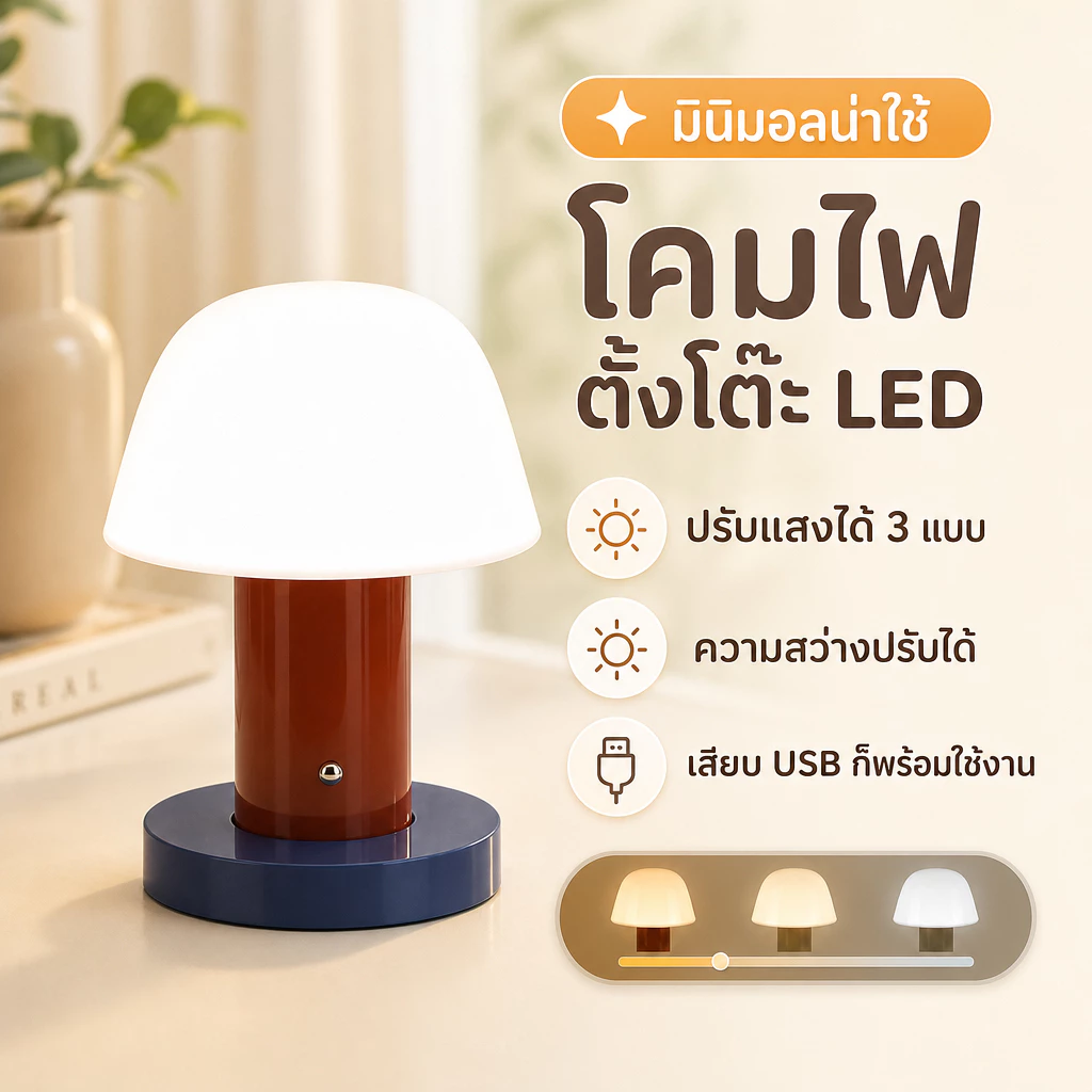 🎨 โคมไฟตั้งโต๊ะ LED 🎨 ชาร์จ USB ปรับแสง 3 สี 3 ระดับ ดีไซน์มินิมอล สำหรับห้องนอน