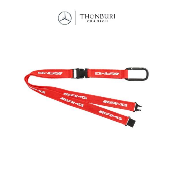 Mercedes-Benz สายคล้องคอ AMG สีแดง วัสดุผลิตจากโพลีเอสเตอร์ สายพิมพ์โลโก้ AMG สีขาว และสลักโลโก้ AMG