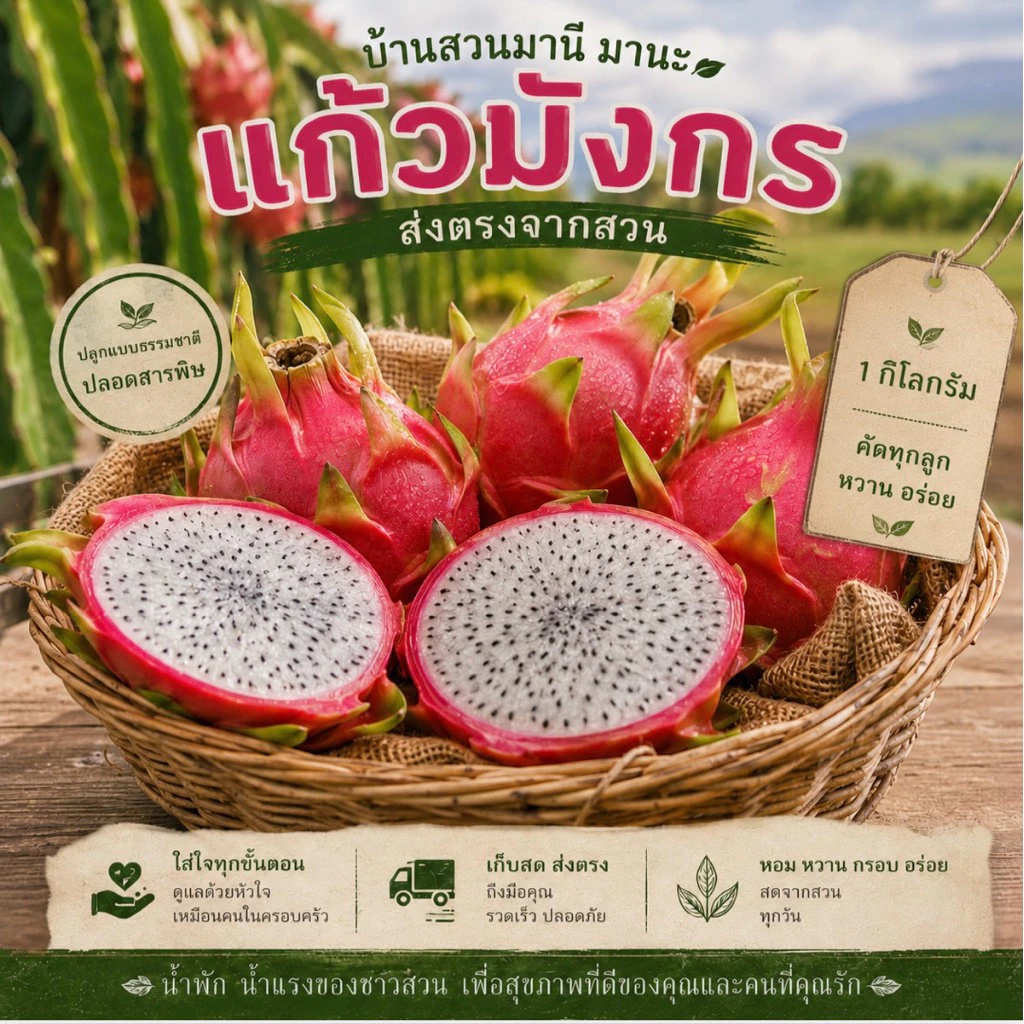 แก้วมังกรขาว 1 กิโลกรัม ส่งตรงจากสวน(ปลอดสารพิษ)