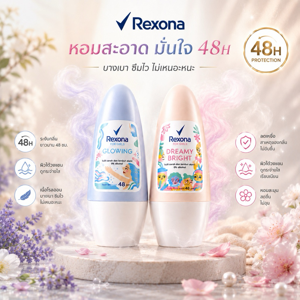 Rexona Roll On 40 ml. ตัวดัง ใช้แล้วรู้เลย หอมสะอาด มั่นใจยาวนาน 48 ชม. วงแขนดูใสขึ้นจริง กลิ่นหอมติดผิว ไม่ต้องเติมบ่อย