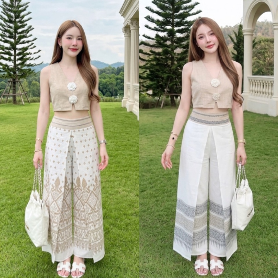 LANNA - กางเกงผ้าไทย ทรงขากระบอกใหญ่แหวกด้านหน้า ทรงสวยใส่สบาย ผ้าฝ้ายพิมพ์ลาย (สม็อคหลังยางยืด)