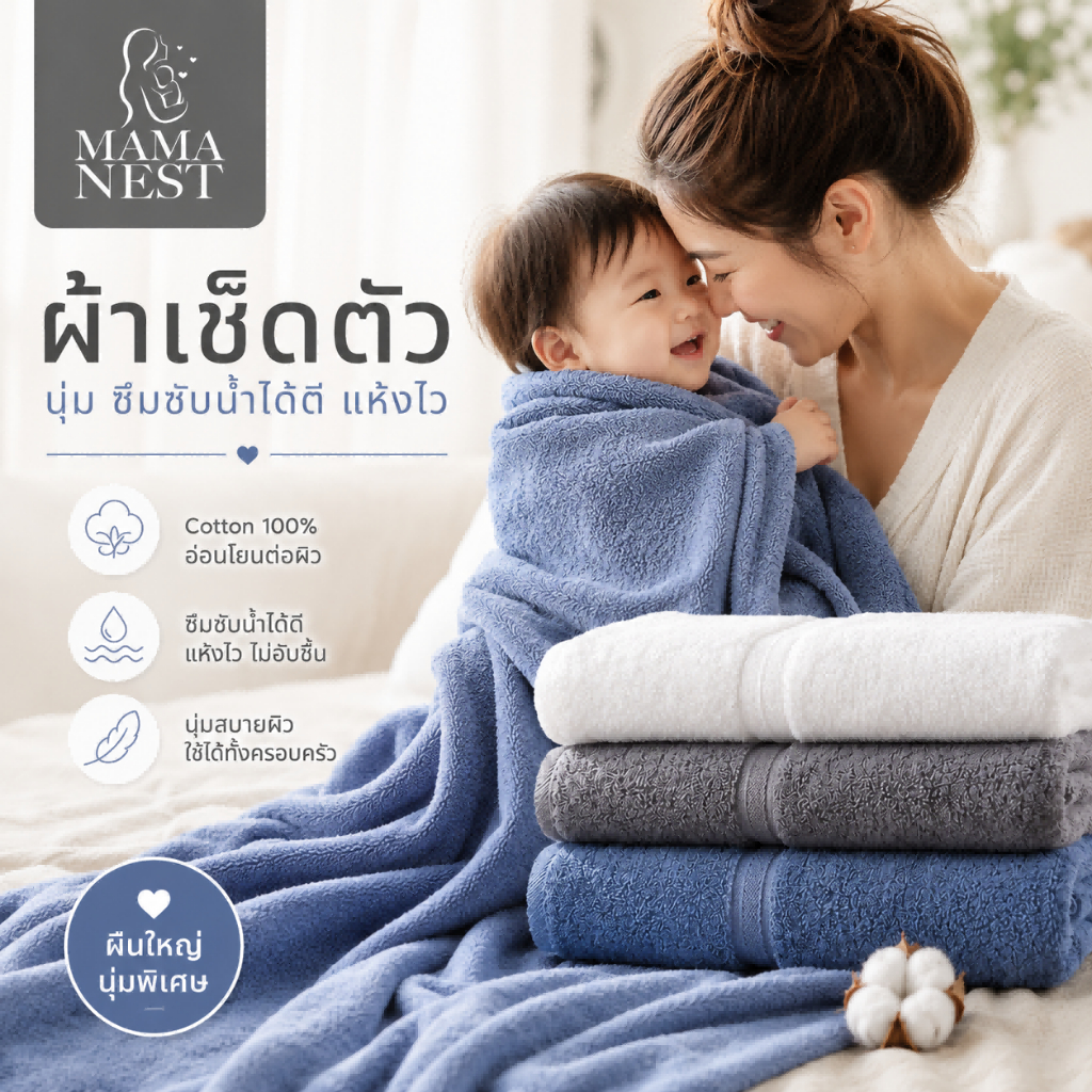 Manest ผ้าเช็ดตัว ผ้าขนหนูสีเข้าเซต ผ้าเช็ดตัวเด็กแรกเกิดและผู้ใหญ่ มีผืนเล็ก ,ผืนใหญ่ เนื้อคอตตอน 100% เนื้อนุ่ม