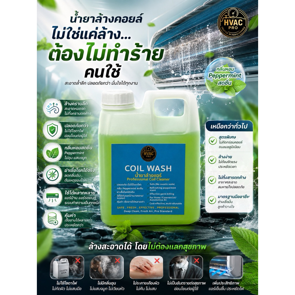 HVAC PRO น้ำยาล้างแอร์ Coil Wash 1ลิตร (คอยล์วอช สูตรลดกลิ่นอับ)