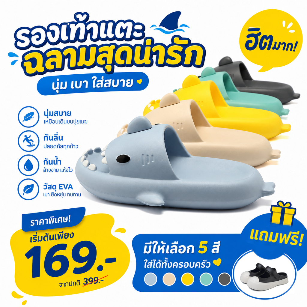 รองเท้าแตะฉลาม นุ่ม สบาย กันลื่น ใส่ได้ทั้งชายหญิง แฟชั่นชายหาด