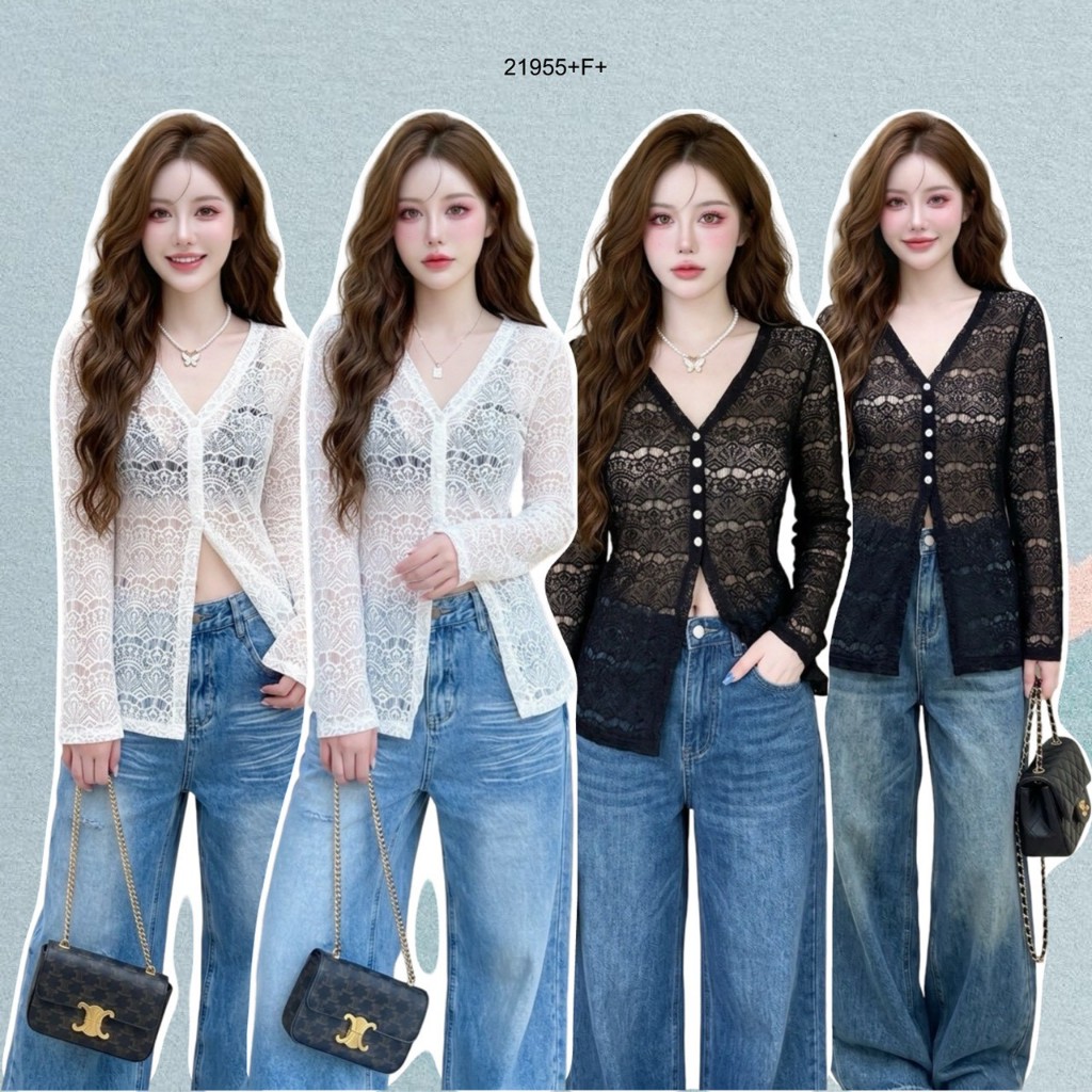 เสื้อลูกไม้คอวีแขนยาว กระดุมเปลือกหอย .. TW21955 TwinsShopVip💗พร้อมส่ง