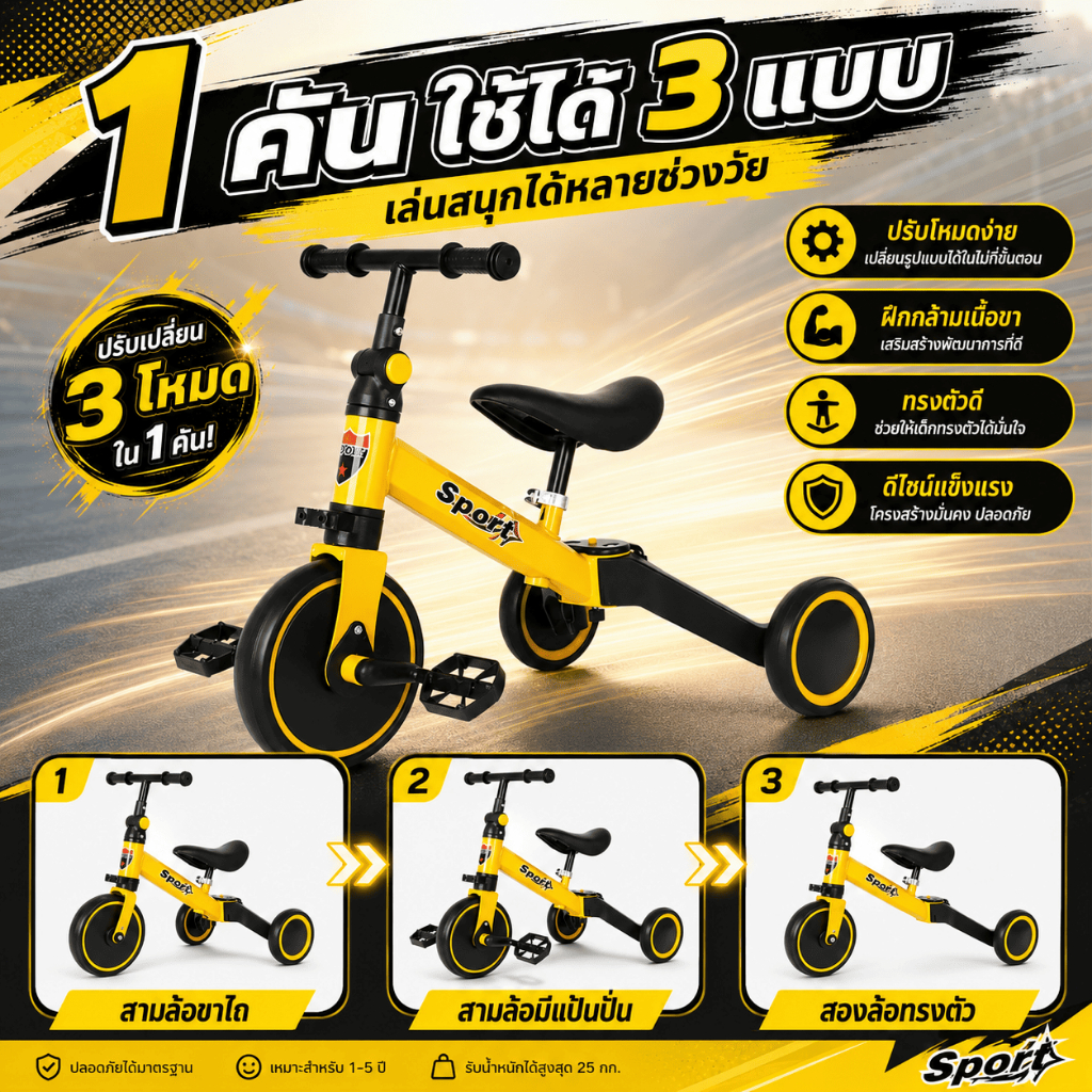 จักรยานทรงตัวเด็ก รถสามล้อเด็กปรับโหมดได้ 3 แบบ ขาไถ ถีบเล่น และบาลานซ์ไบค์ ใช้งานคุ้มค่า