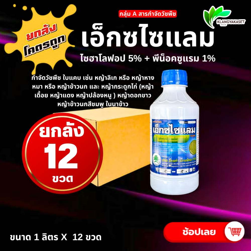 ยกลัง 12 ขวด เอ็กซไซแรม 1 ลิตร  สารกำจัดวัชพืช ในนาข้าว หญ้าข้าวนก หญ้าลิเก หญ้าหางหมา หญ้าดอกขาว ผักปอดน้ำ คุมแห้ง 1 Lเ