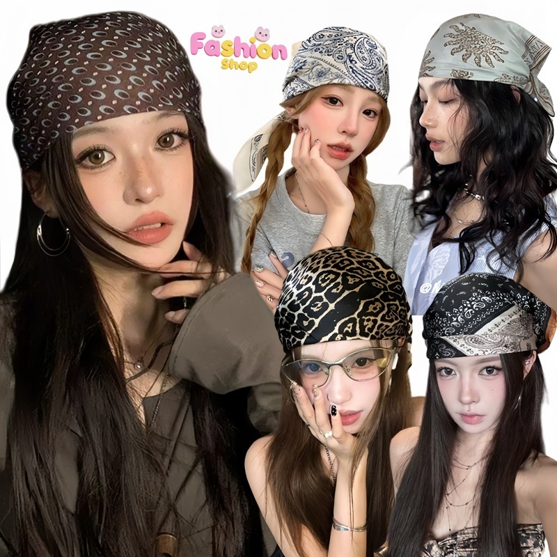 ผ้าเช็ดหน้า ผ้าโพกหัววินเทจ ลายเสือดาว ลายดาว fashion and accessories หลายสไตล์ ใช้ได้หลายแบบ สำหรับผู้หญิง COD