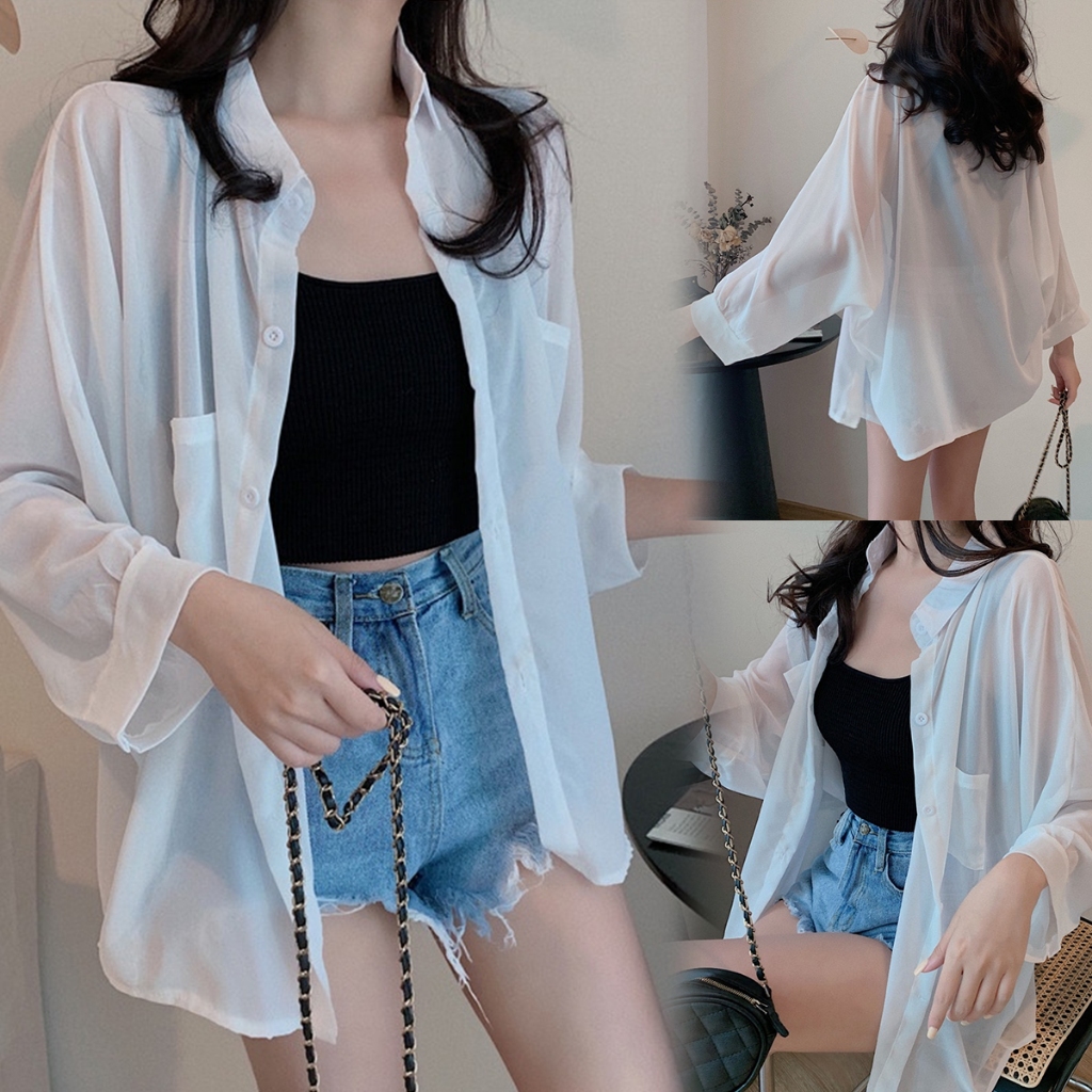 STYLE🔥พร้อมส่ง🔥เสื้อเชิ้ตผู้หญิง แขนยาว ทรงหลวม ผ้าชีฟอง เนื้อผ้าเบาพลิ้ว #008
