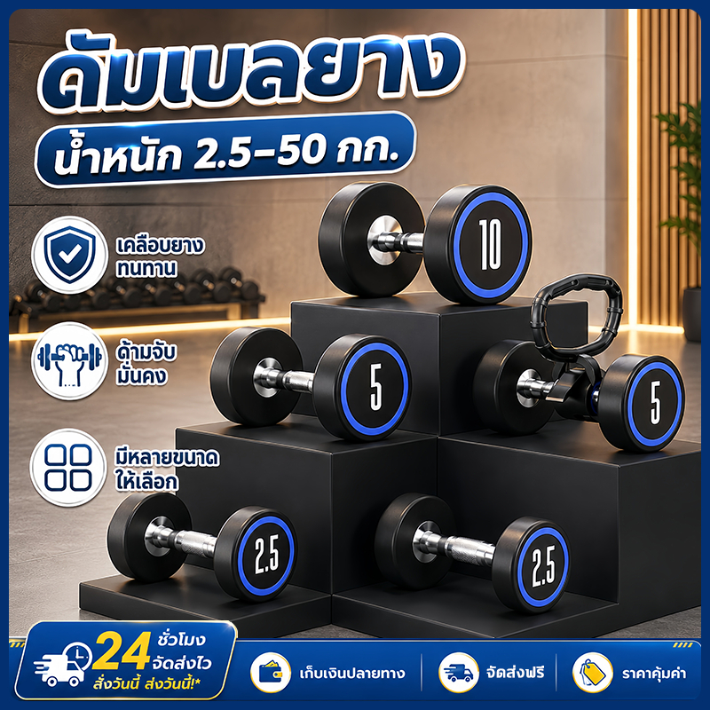 ดัมเบลยาง 2.5-12.5kg เกรดยิม ดัมเบลออกกำลังกาย ทรงกลม เกรดฟิตเนส Dumbbell 2 ชิ้น ยกน้ําหนัก สร้าง