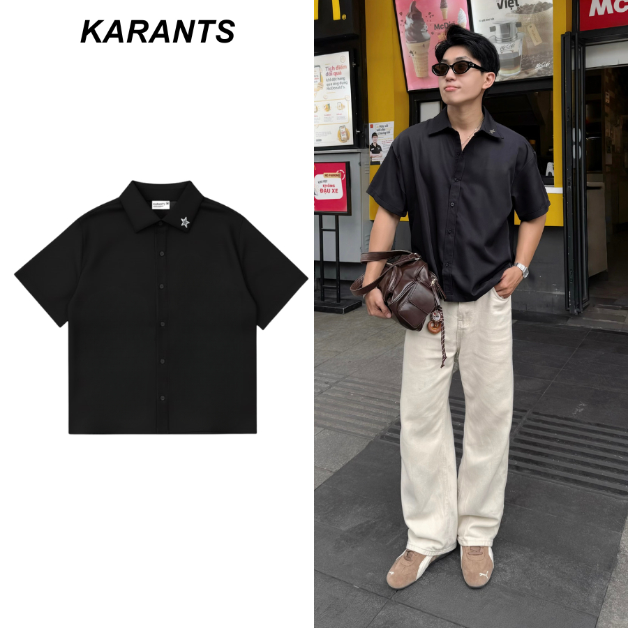 Karants เสื้อยืดผ้าฝ้ายสองทิศทาง Oversize สำหรับผู้ชายและผู้หญิง ตกแต่งด้วยขอบโลหะเรียบ Unisex - KR407