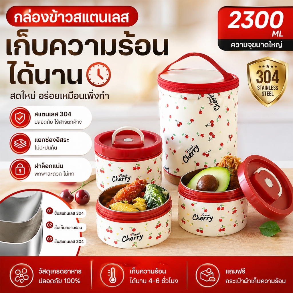 กล่องข้าว 304 เข้าไมโครเวฟได้  แถมฟรีชุดช้อนส้อม + ถุงเก็บความร้อน 2/3/4 ชั้น กล่องอาหาร เก็บอุณหภูมิได้