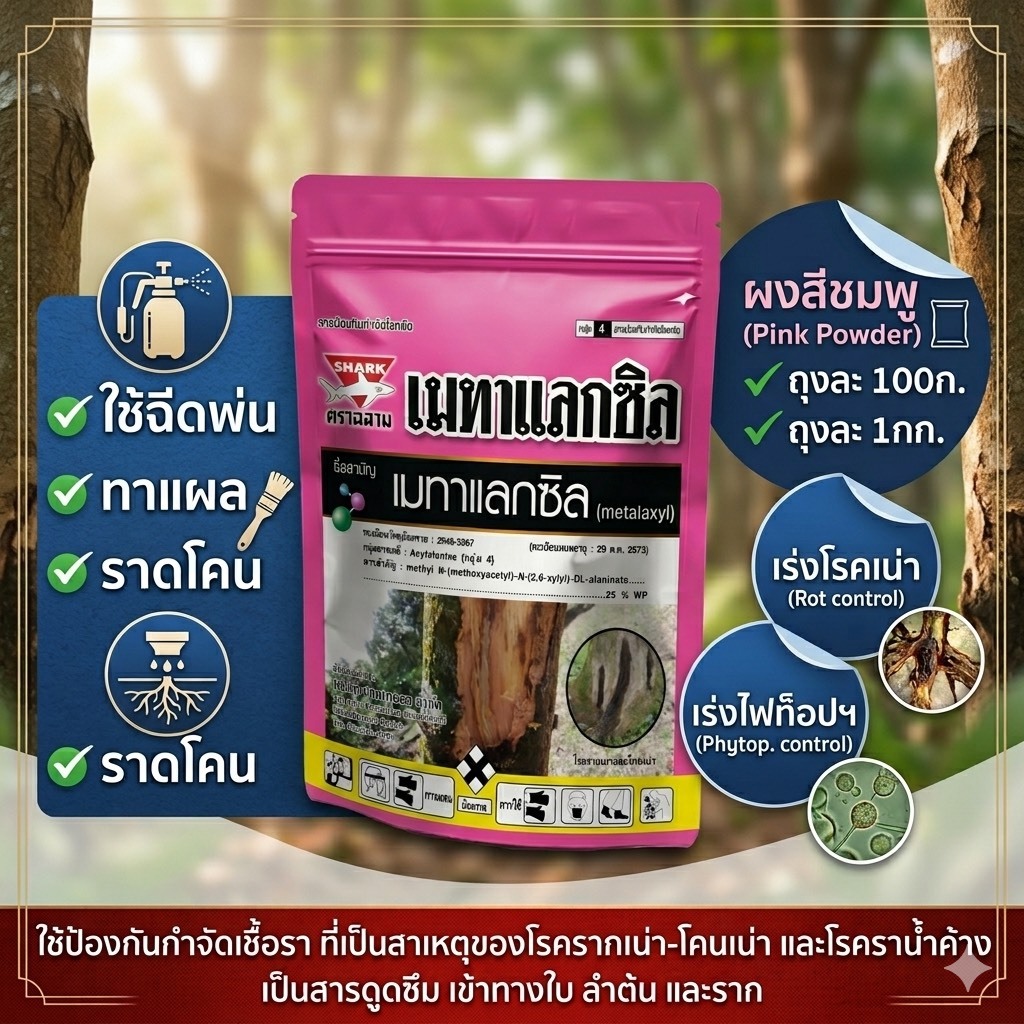 ฉลาม เมทาแลกซิล 25 สีชมพู ขนาด 1กิโลกรัม ออกฤทธิ์ให้ผลทางด้านป้องกันและรักษาโรคพืช ฉลาม
