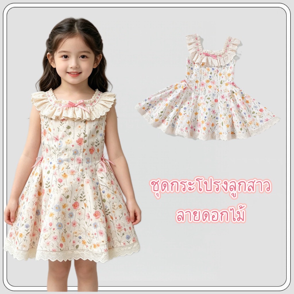 MC298 เดรสเด็กผู้หญิง ลายดอกไม้ สีครีม แต่งลูกไม้ปกและขอบกระโปรง
