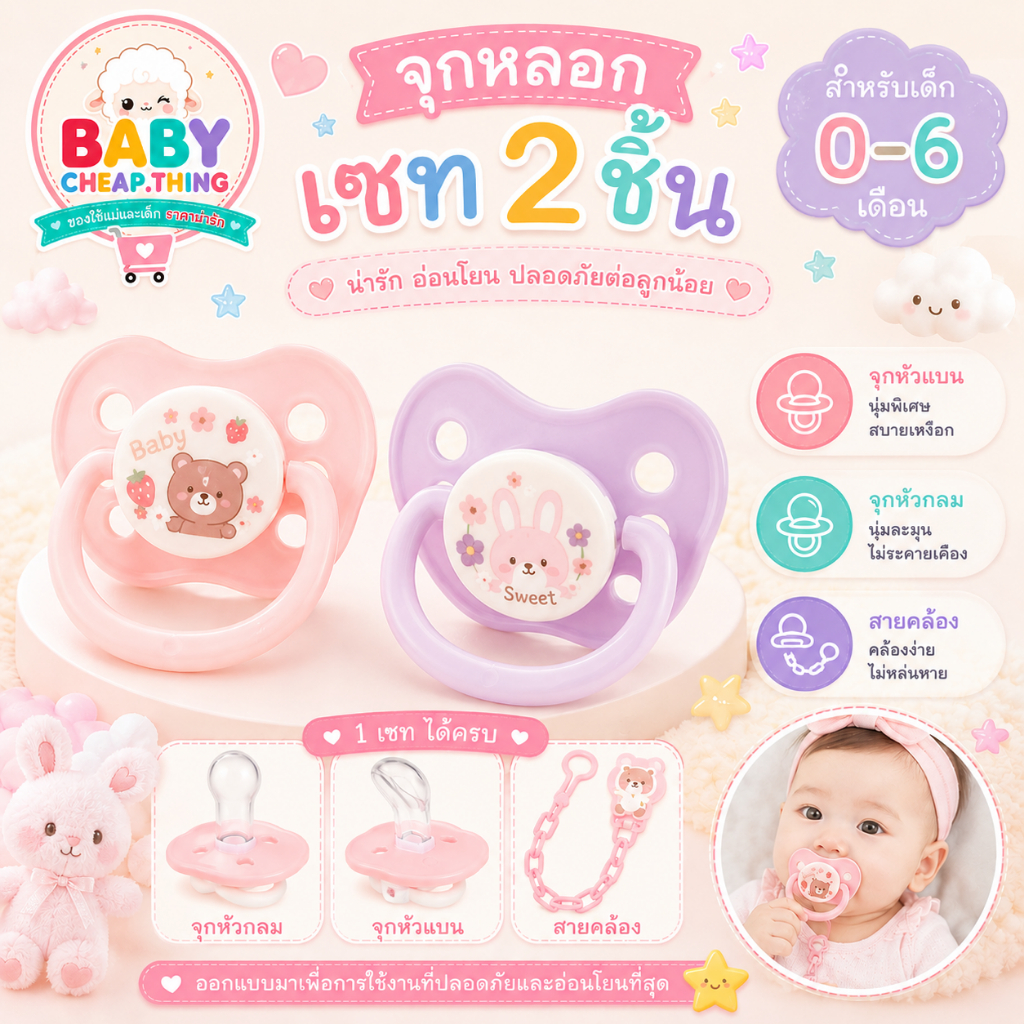จุกหลอก (Ab7) - เซท 2 ชิ้นพร้อมสายคล้อง