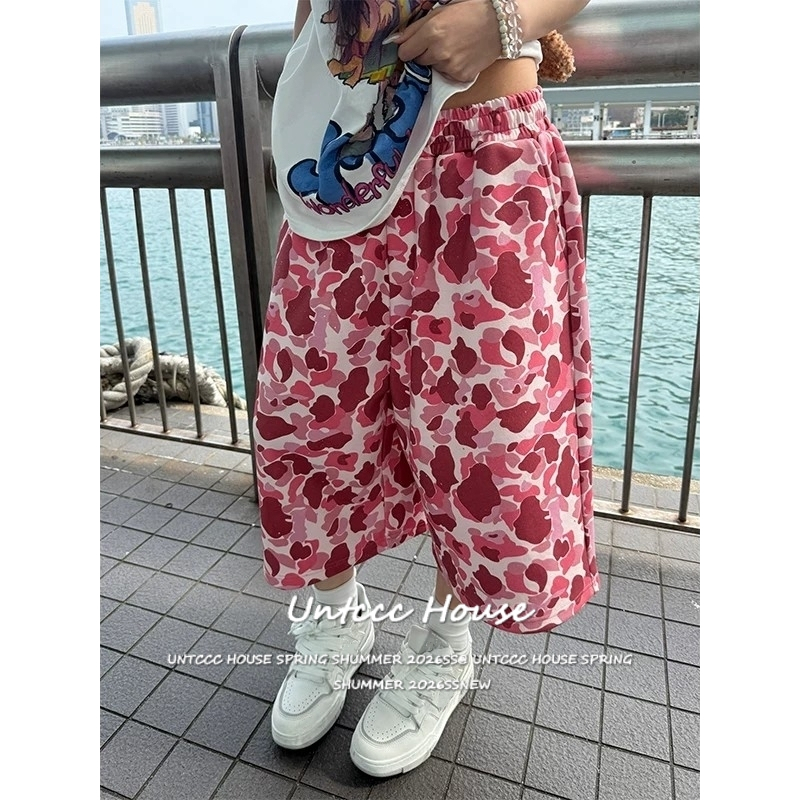 [Camouflage Wide Leg Cropped Pants] กางเกงขาสั้นลายพรางโอเวอร์ไซส์ขากว้างสำหรับผู้หญิงใส่สบายและดูสูงขา