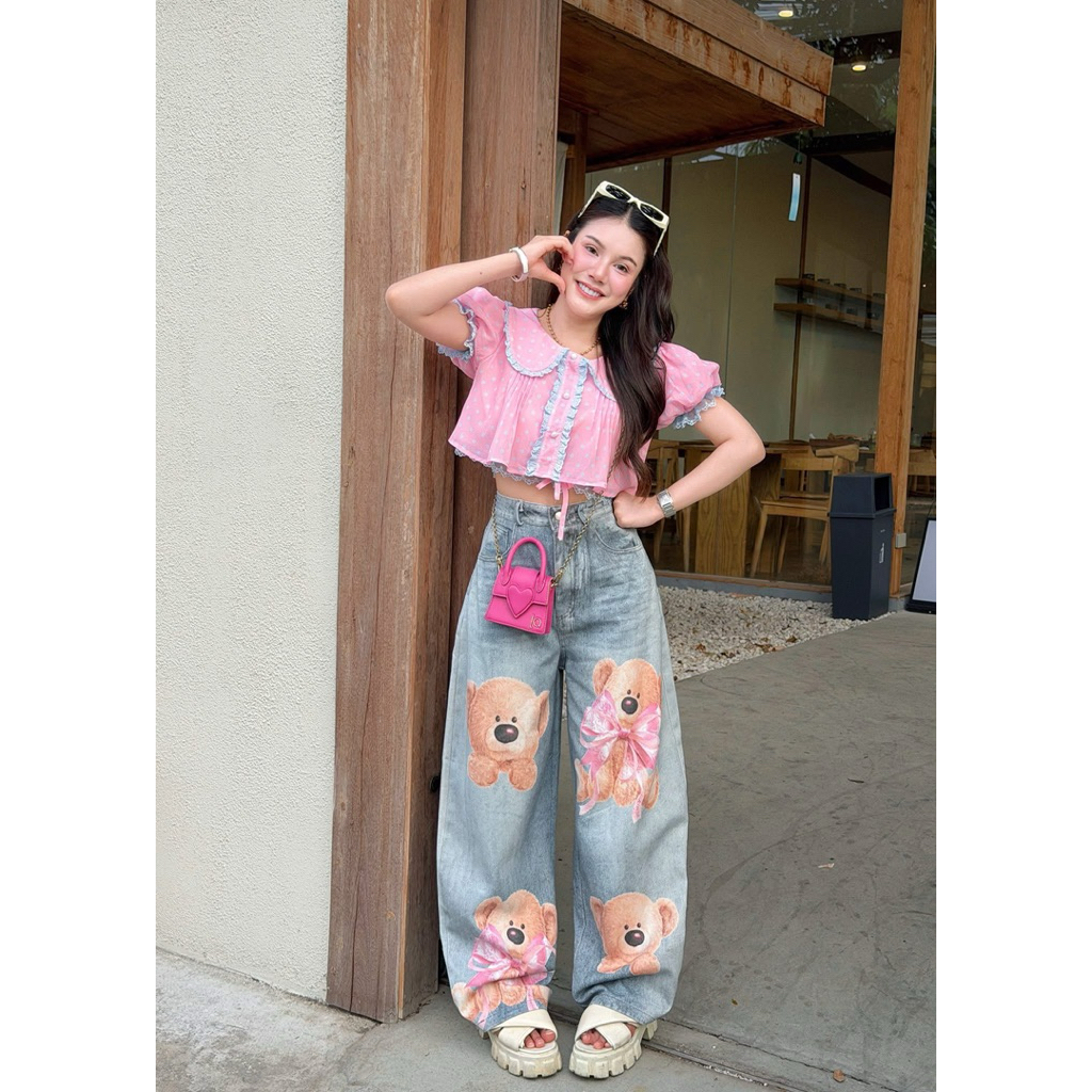 Jidapa style brand หวานเจี๊ยบ เซ็ตยีนส์ sz.S ต้าวหมีสีฟอกผ้านุ่มมากๆ กับเสื้อสุดฮอต สีหวานเจี๊ยบ