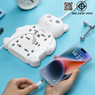 รางปลั๊กไฟน้องหมี มอก.แท้ ปลั๊กพ่วง 5ช่อง+USB/Type-C รองรับ 2300W สไตล์มินิมอล แต่งห้อง/โต๊ะคอม 3/5/8m มีมอก.2432-2555