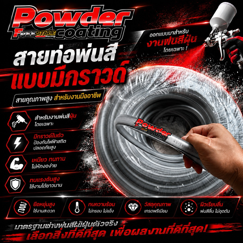 สายท่อพ่นสีอย่างดีมีกราว แบ่ง 3 เมตร กับ 6 เมตร มีทั้งแบบมีกราวและไม่มีกราวด์ จัดไปครับ