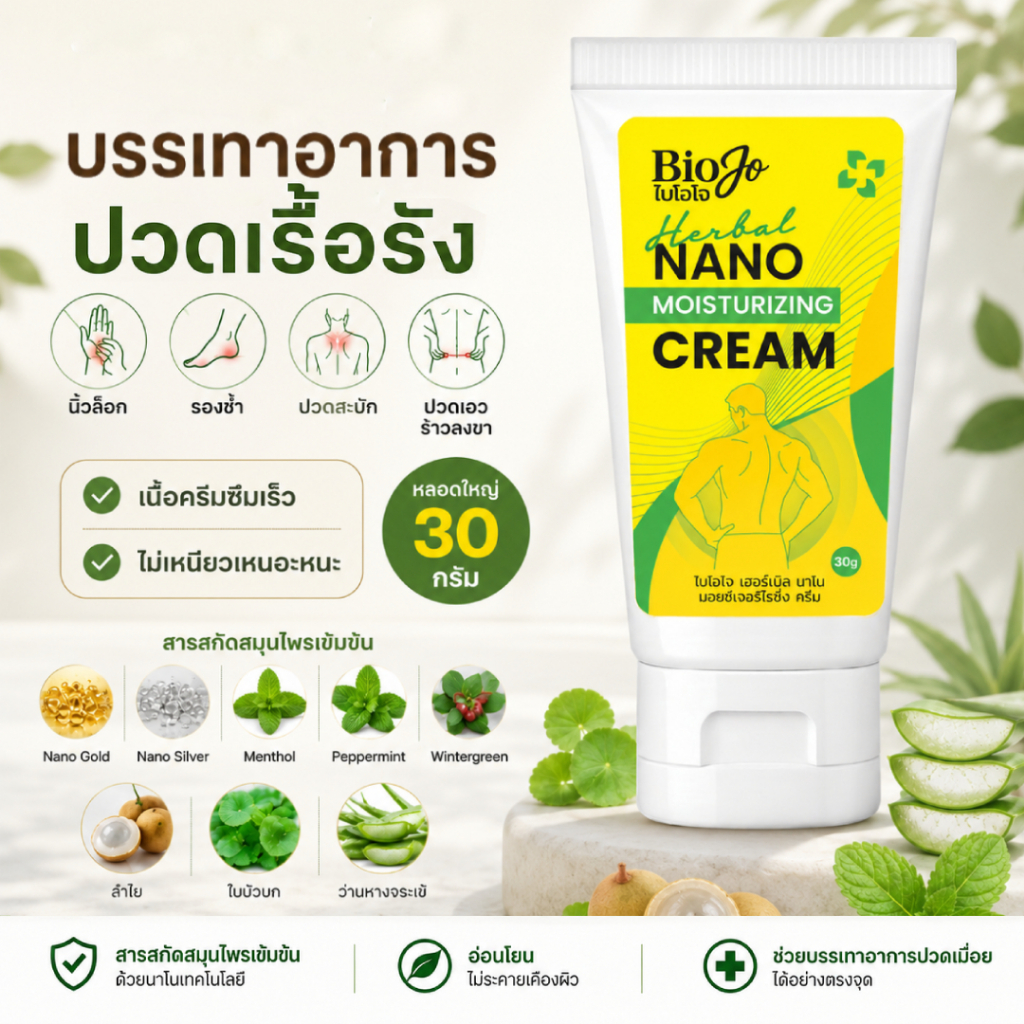 BIOJO (ไบโอโจ) ยานวดสมุนไพร สูตรเข้มข้น (1 หลอด 30 กรัม) บรรเทาอาการปวด รองช้ำ นิ้วล็อค เข่าเสื่อม
