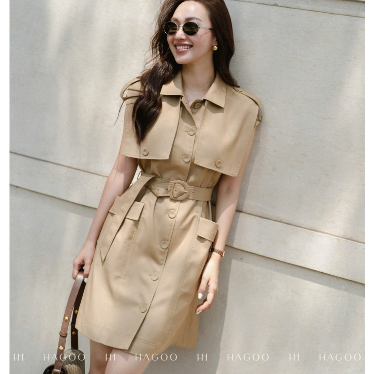 HAGOO เดรสเชิ้ตผู้หญิง คอปก มีกระเป๋า ทรงหลวม ลุคทำงานมินิมอล [V9082]
