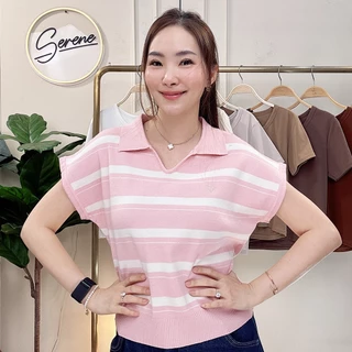 Serene's Choice เสื้อไหมพรม โปโลแขนล้ำ ลายริ้ว Stripe คอปก ปักโลโก้ Serene สไตล์เกาหลี