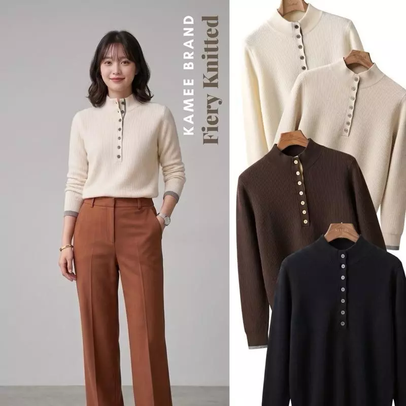 Kamee-Fiery Knitted เสื้อไหมพรมผสมขนแกะ บุขนลองจอน กระดุมหน้า