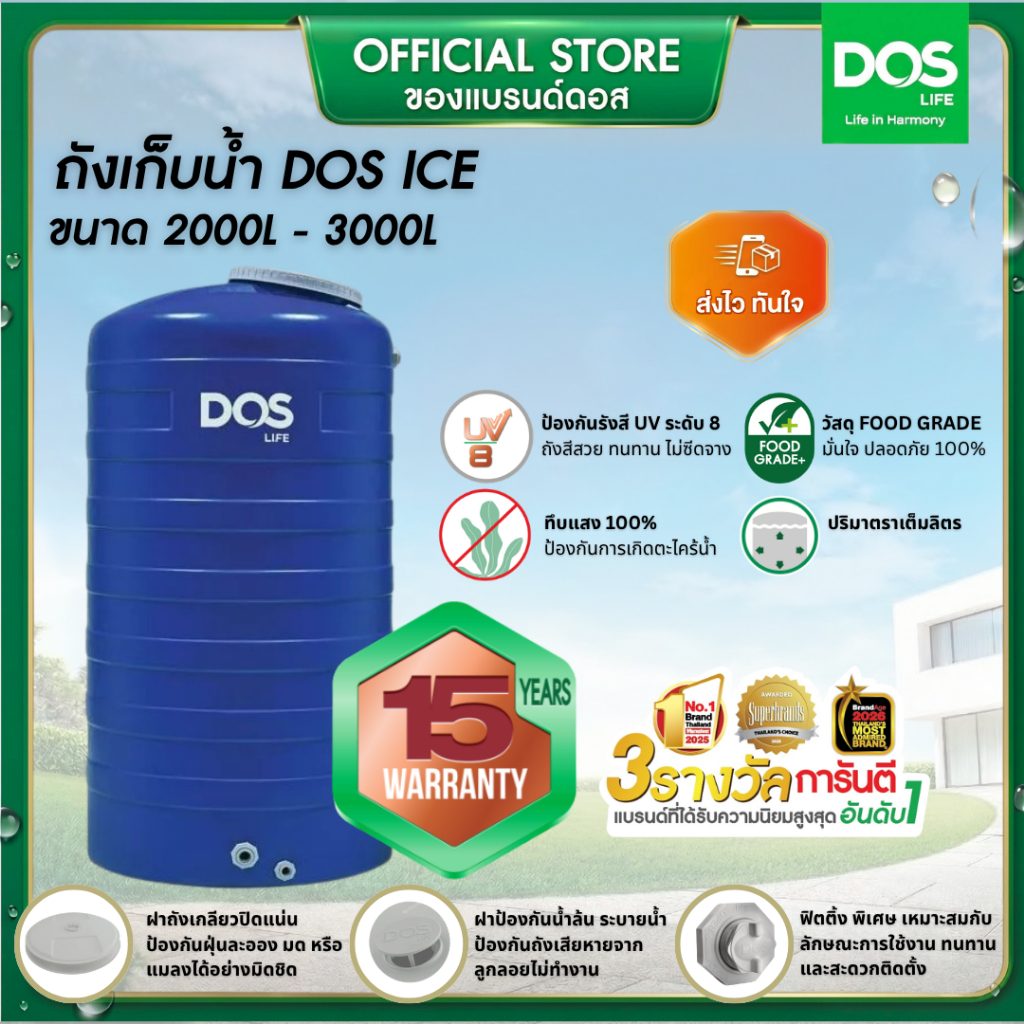DOS ICE ถังเก็บน้ำบนดิน ขนาด 2000L-3000L สี ICE Blue