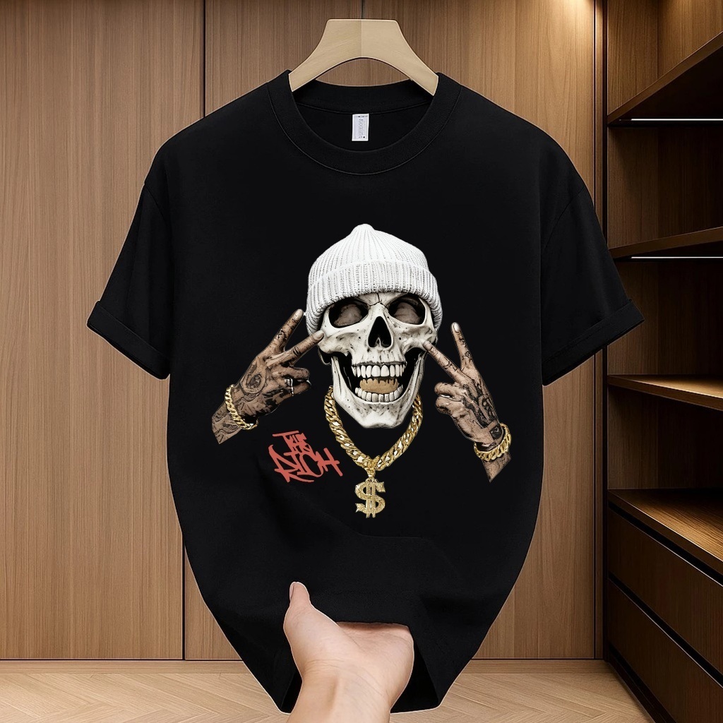 เสื้อยืดคอกลมแขนสั้นสีดำลายหัวกะโหลกแร็ปเปอร์สไตล์ฮิปฮอปใส่คู่รัก 5.22