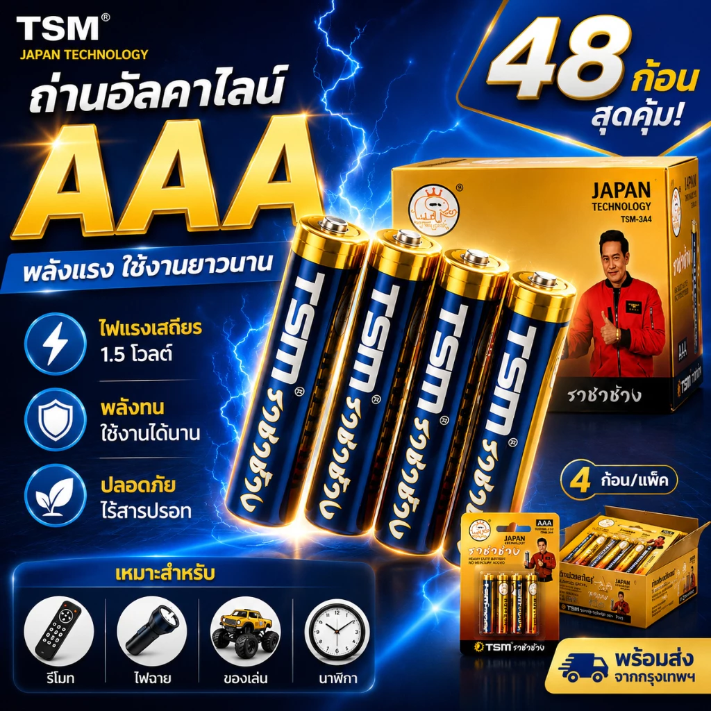 ถ่าน AAA ราชาช้าง TSM-3A4 1.5V ของแท้ แพ็ค 4 ก้อน ถ่านรีโมท ถ่านไฟฉาย ใช้งานยาวนาน พร้อมส่ง