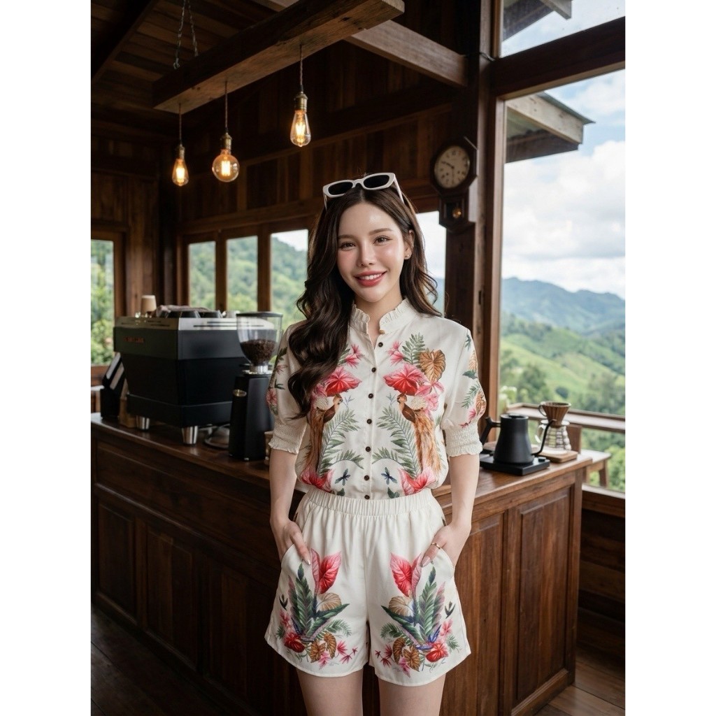 A1477 ชุดเซตเสื้อ คอจีนระบาย + กางเกงขาสั้น พิมพ์ลายนกยูง