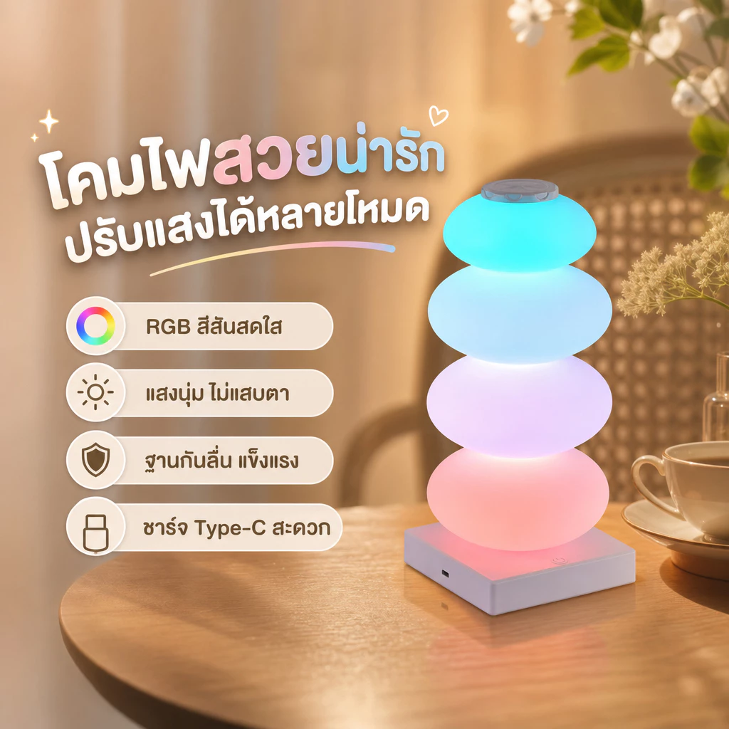 โคมไฟตั้งโต๊ะทรงน้ำเต้า ชาร์จ USB ปรับได้ 16 โหมด RGB